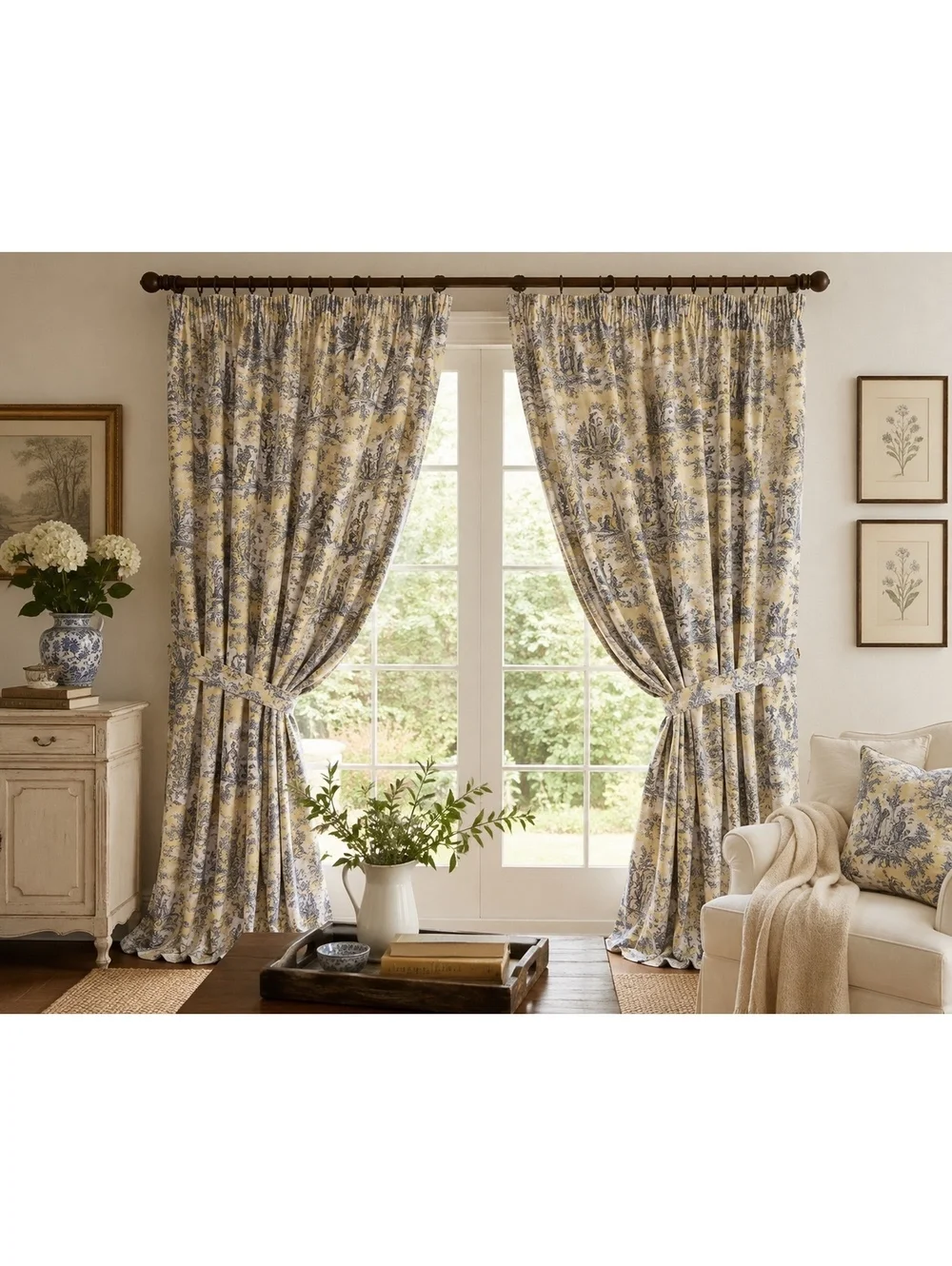 Waverly Country Life Toile Curtains 100x80 Extra Wide Panels Set of 2 + Tiebacks